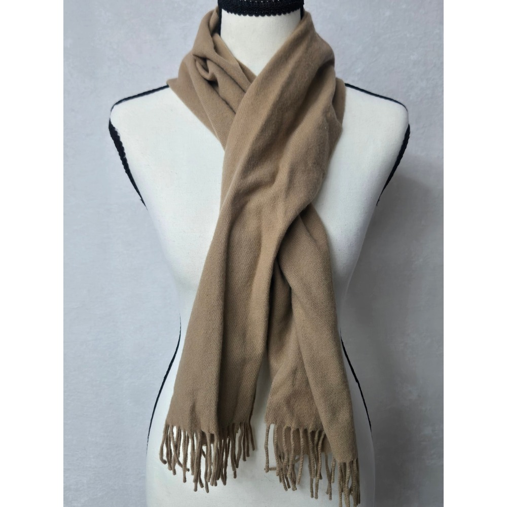 Lands End 100% Cashmere Scarf Camel Tan Fringe Made in USA Unisex Cold Weather
